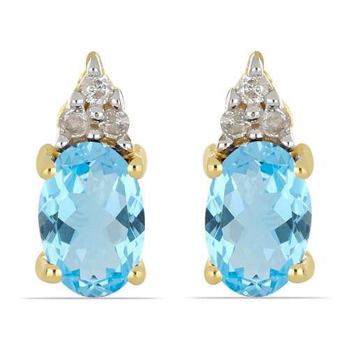 14K GOLD NATURAL SWISS BLUE TOPAZ GEMSTONE CLASSIC EARRINGS WITH WHITE DIAMOND